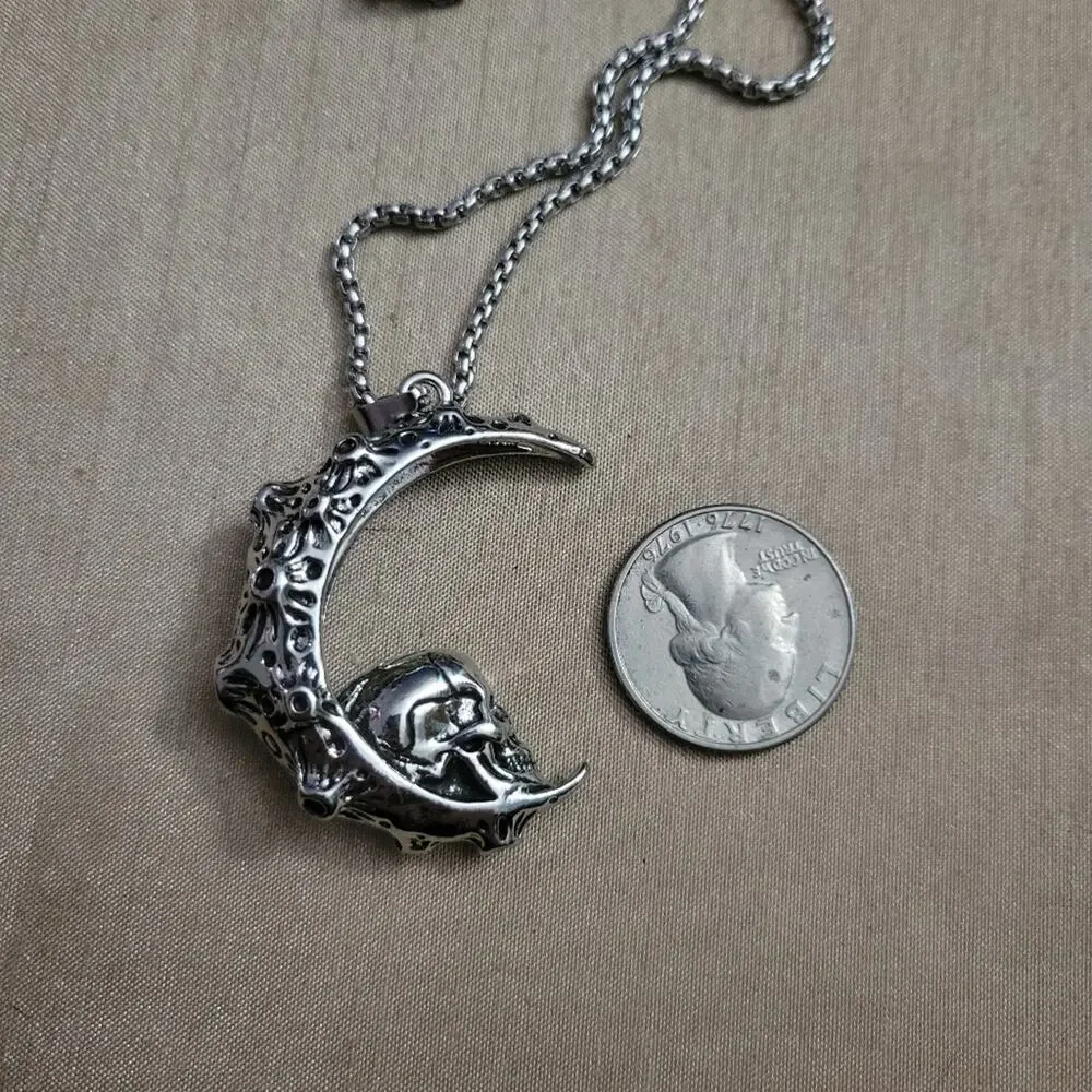 Men's gothic crater moon and skull 3D necklace, stainless steel chain